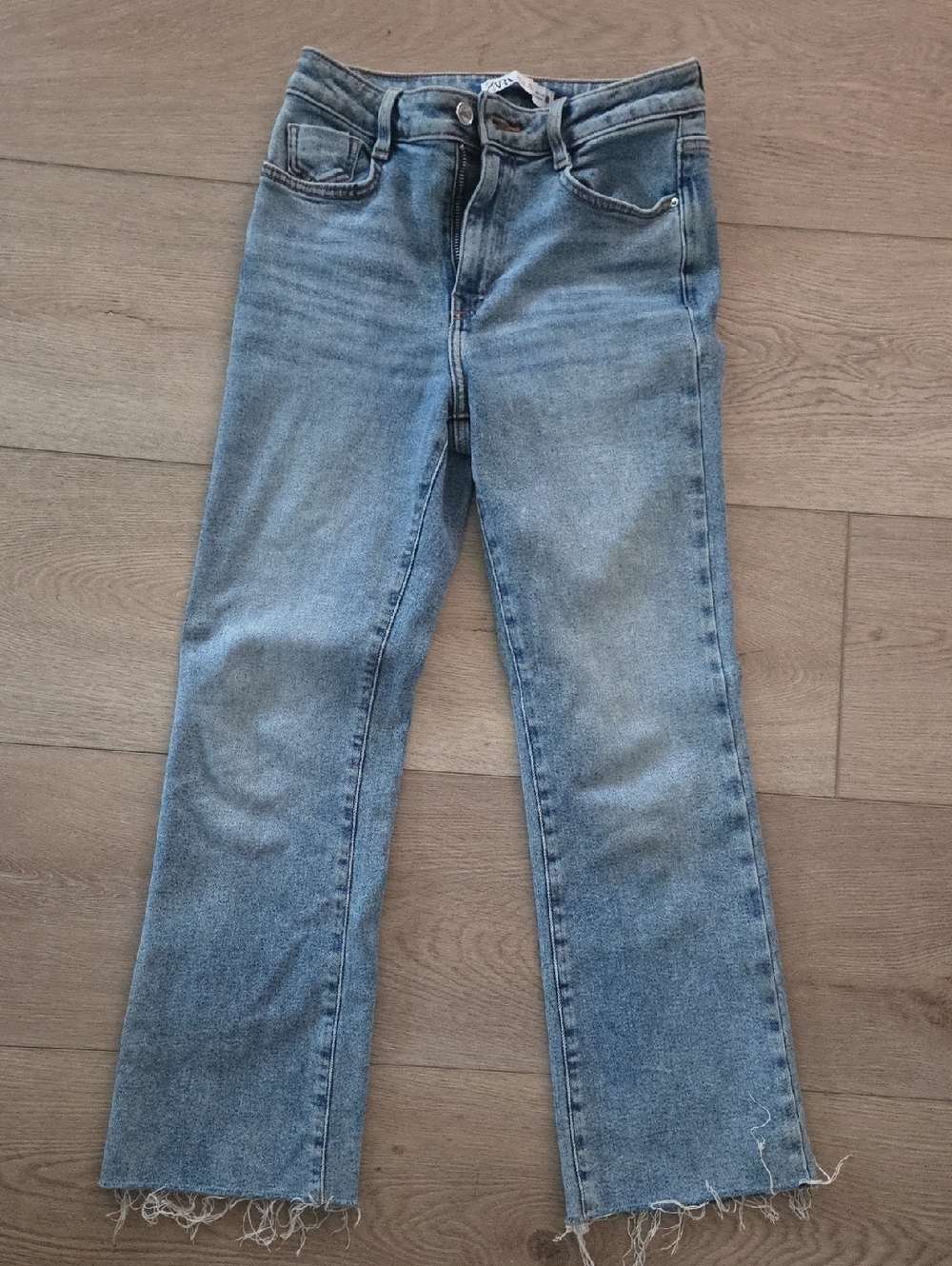 Zara Light Blue Straight Leg Jeans with Frayed Hem